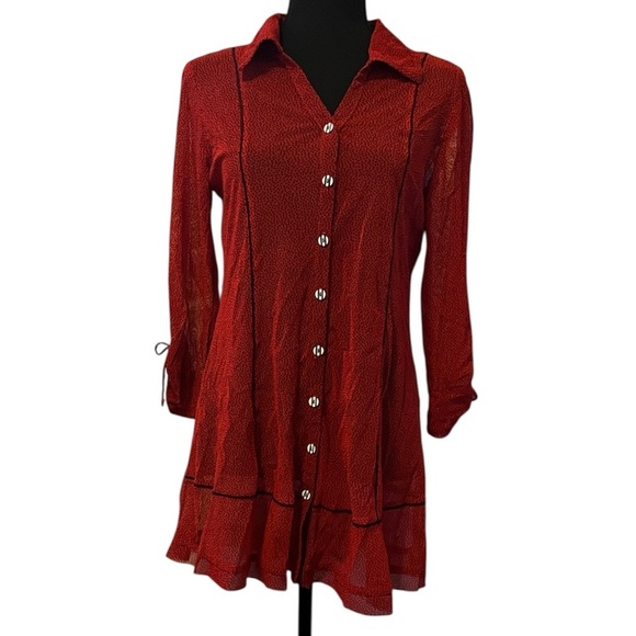 ZOE Red and black Button-Up sheer shirt dress - Picture 1 of 5
